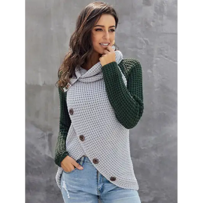 Contrast Decorative Button Turtleneck Sweater - Madi Gray Boutique