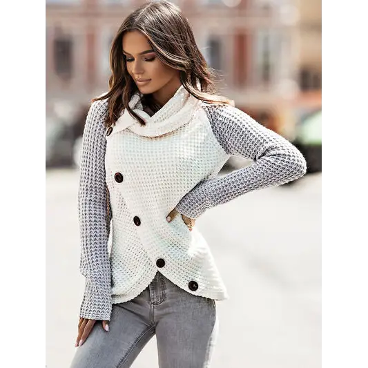 Contrast Decorative Button Turtleneck Sweater - Madi Gray Boutique