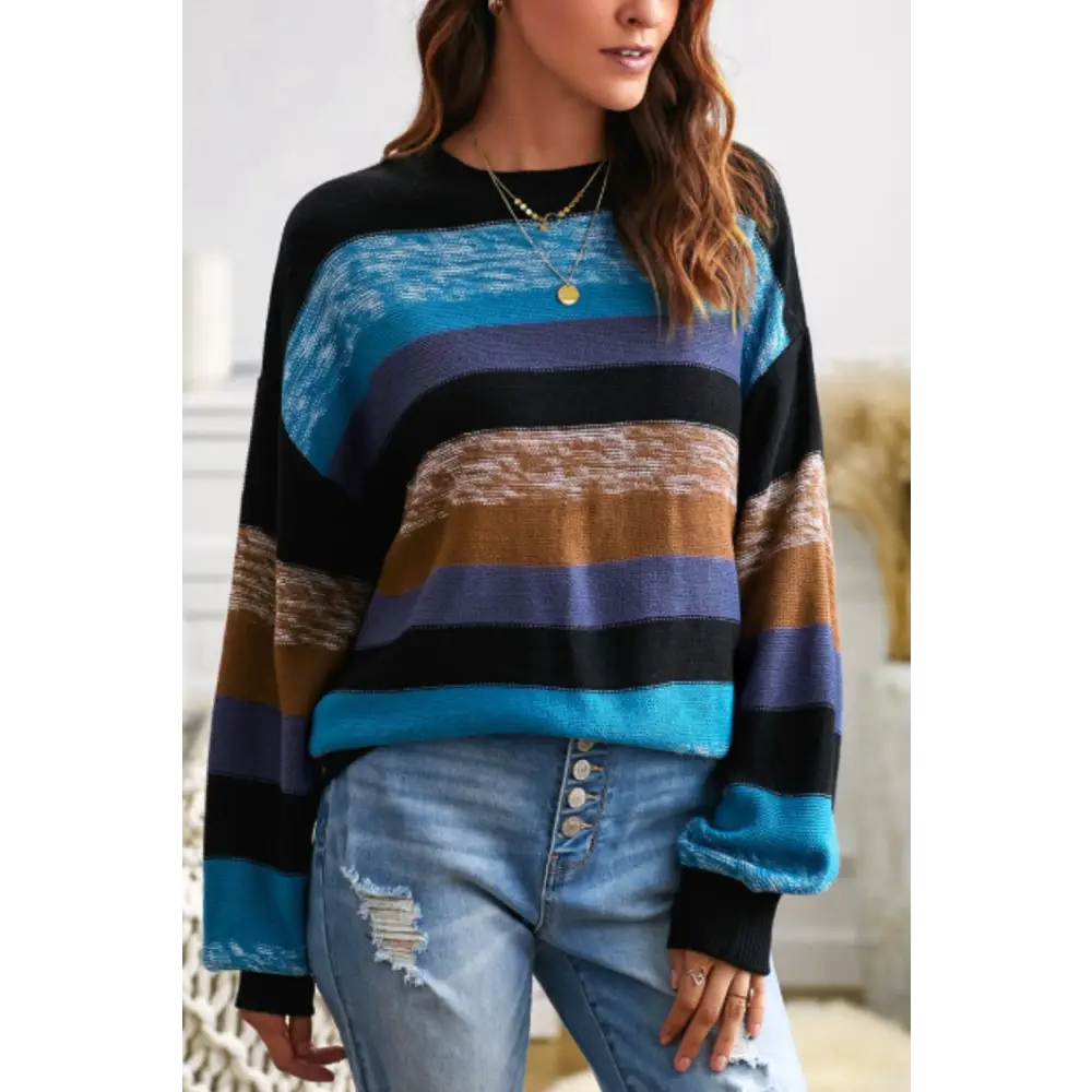 Contrast Striped Round Neck Drop Shoulder Sweater - Tops