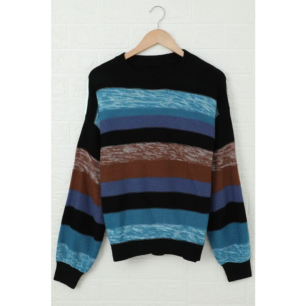 Contrast Striped Round Neck Drop Shoulder Sweater - Tops