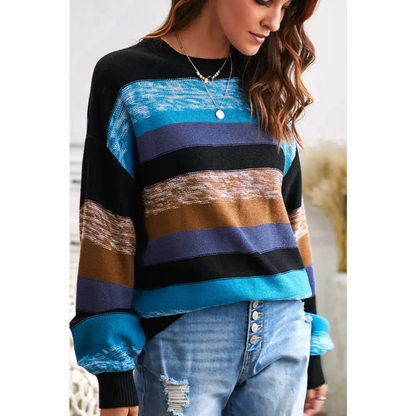 Contrast Striped Round Neck Drop Shoulder Sweater - Tops