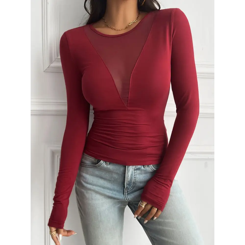 Devine Round Neck Long Sleeve T-Shirt - Burgundy / S - Tops