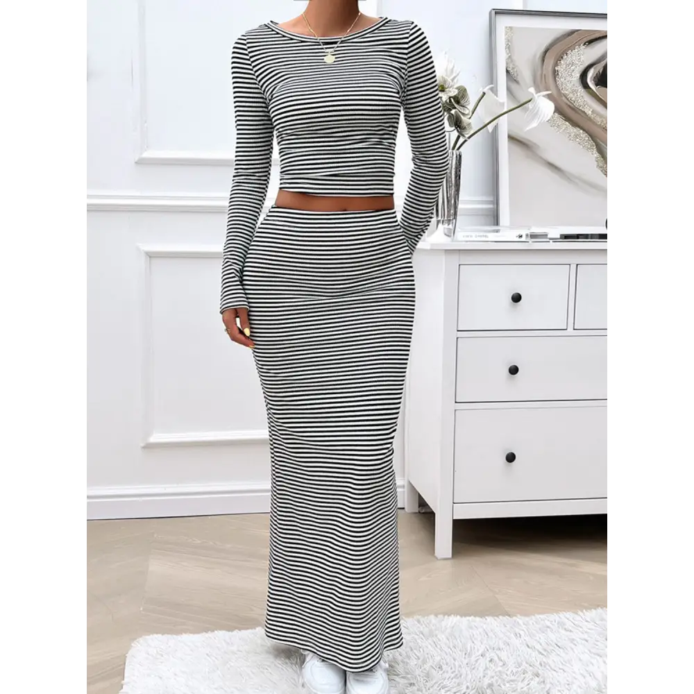 Devine Striped Boat Neck Top and Skirt Set