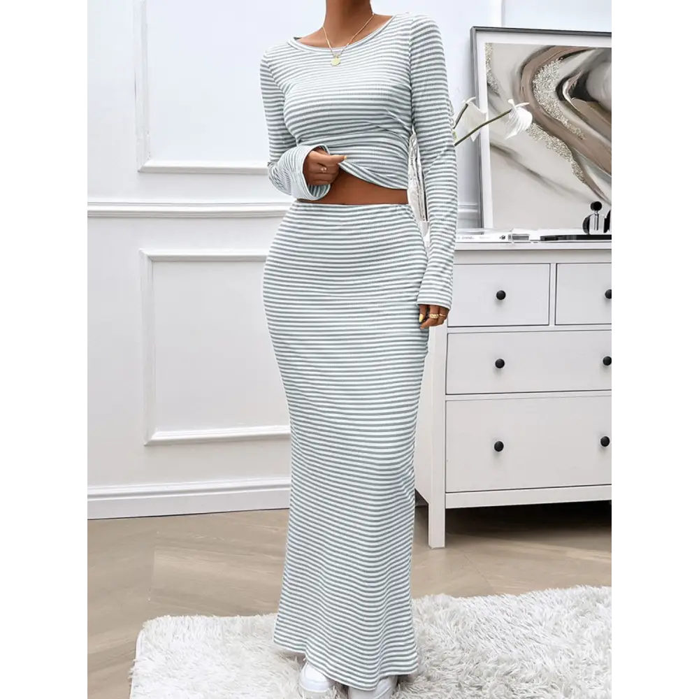 Devine Striped Boat Neck Top and Skirt Set