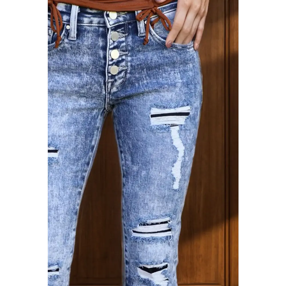 Distressed Button-Fly Bootcut Jeans with Pockets - Bottoms