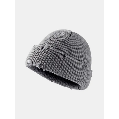 Distressed Cuffed Knit Hat - Gray / One Size