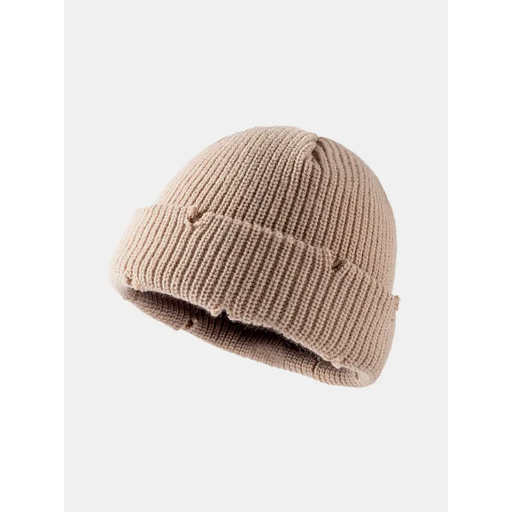 Distressed Cuffed Knit Hat - Khaki / One Size