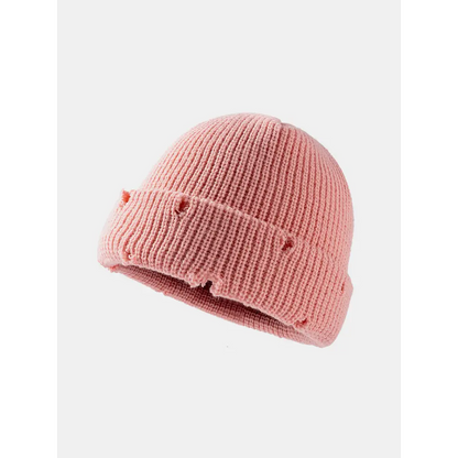 Distressed Cuffed Knit Hat - Pink / One Size