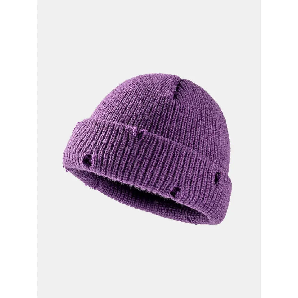 Distressed Cuffed Knit Hat - Purple / One Size