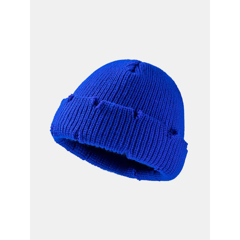 Distressed Cuffed Knit Hat - Royal Blue / One Size