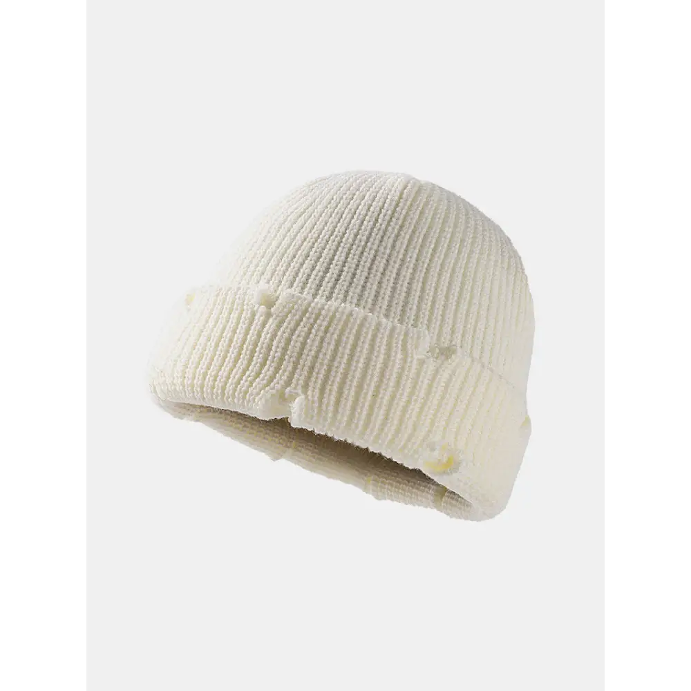 Distressed Cuffed Knit Hat - White / One Size