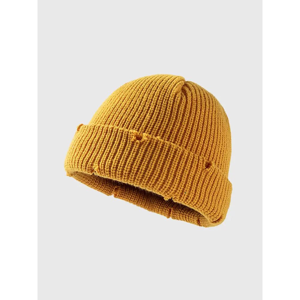 Distressed Cuffed Knit Hat - Yellow / One Size