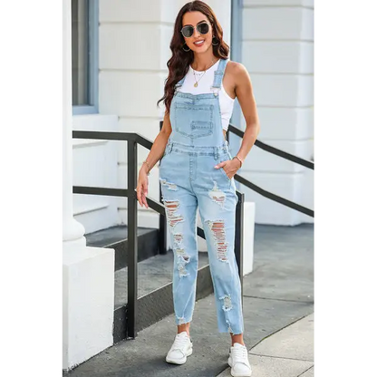 Distressed Denim Overalls with Pockets - Bottoms