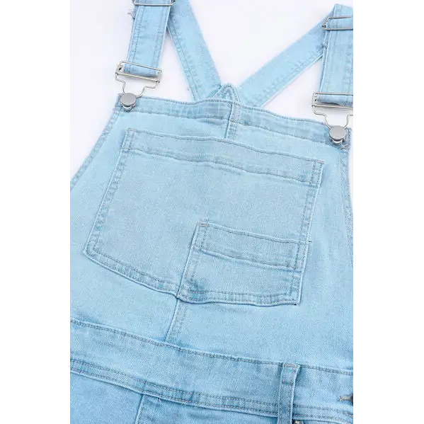 Distressed Denim Overalls with Pockets - Bottoms