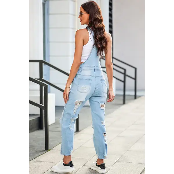 Distressed Denim Overalls with Pockets - Bottoms