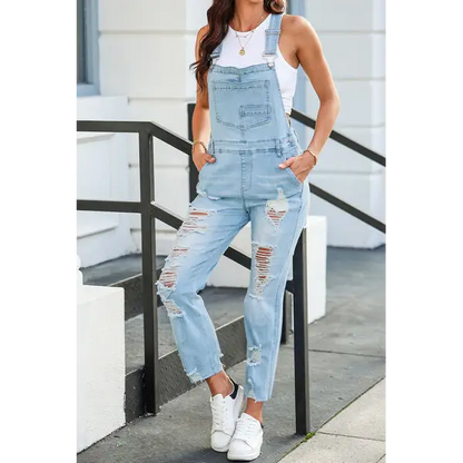 Distressed Denim Overalls with Pockets - Misty Blue / S - Bottoms