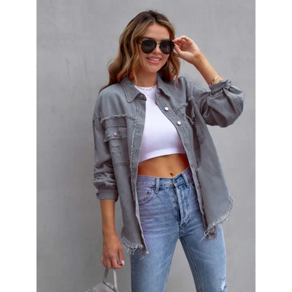 Distressed Drop Shoulder Denim Jacket - Charcoal / S - Tops