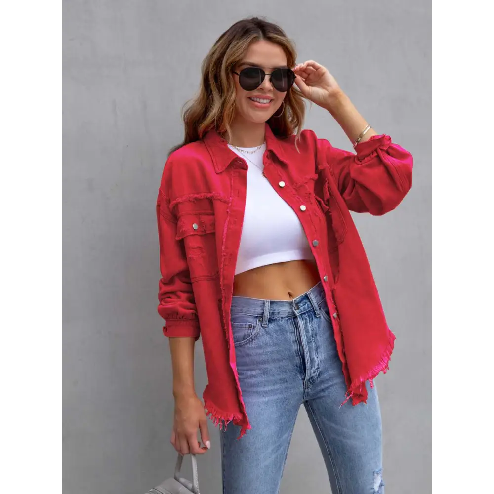 Distressed Drop Shoulder Denim Jacket - Deep Red / S - Tops