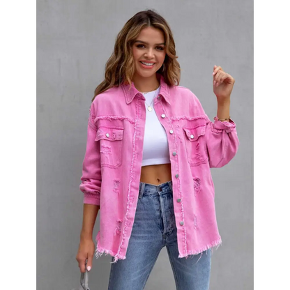 Distressed Drop Shoulder Denim Jacket - Hot Pink / S - Tops