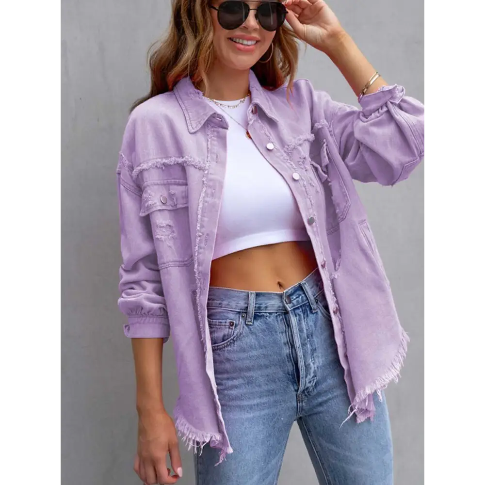 Distressed Drop Shoulder Denim Jacket - Lavender / S - Tops