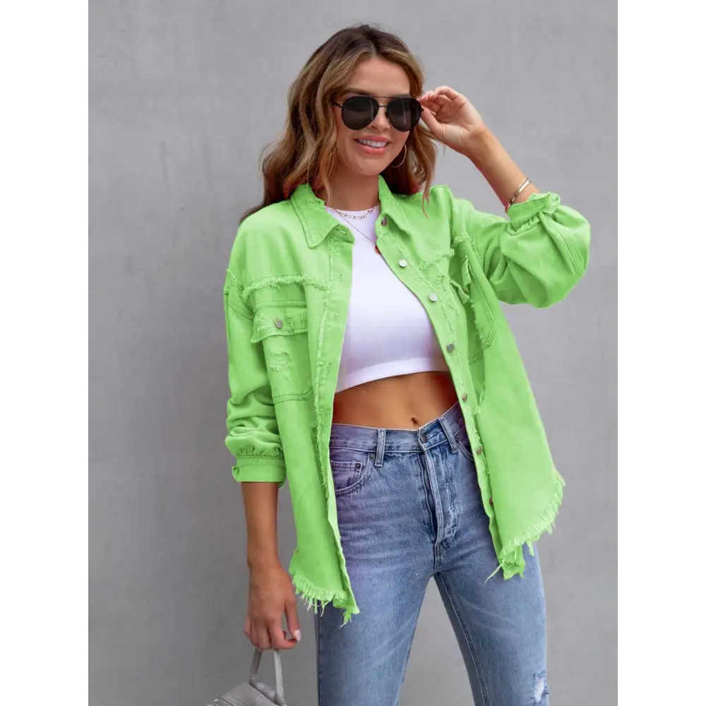 Distressed Drop Shoulder Denim Jacket - Lime / S - Tops