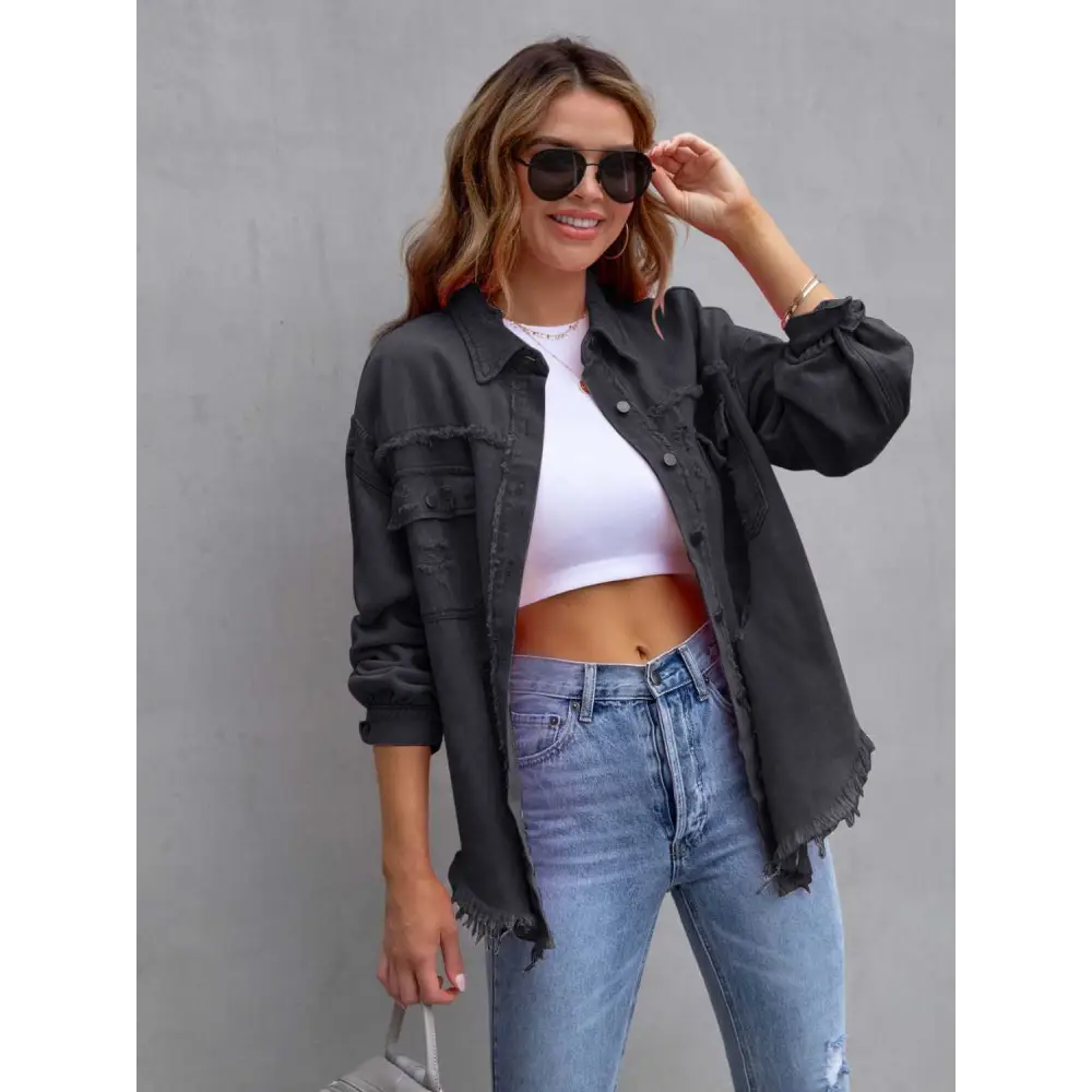 Distressed Drop Shoulder Denim Jacket - Tops