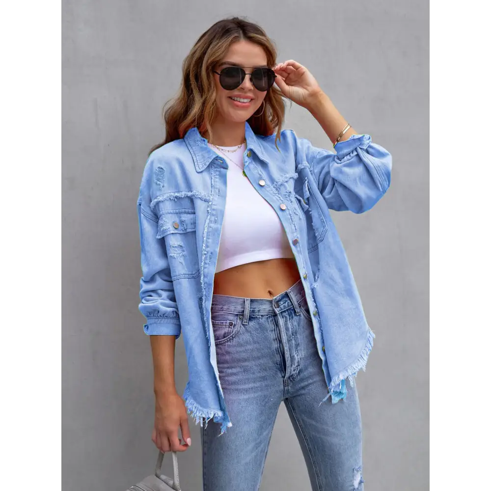 Distressed Drop Shoulder Denim Jacket - Tops