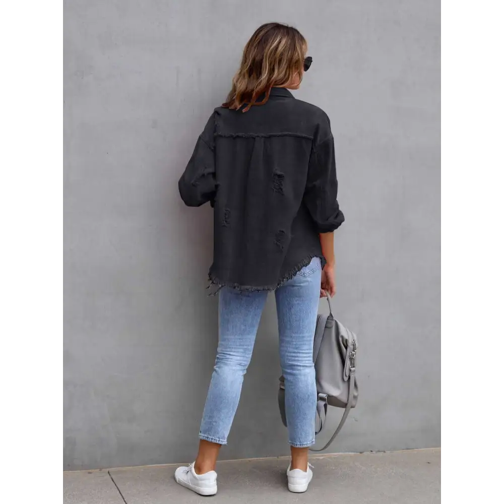 Distressed Drop Shoulder Denim Jacket - Tops