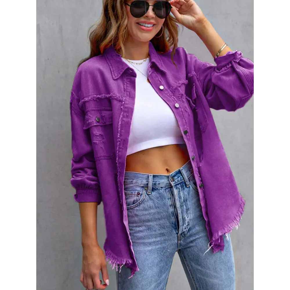 Distressed Drop Shoulder Denim Jacket - Tops