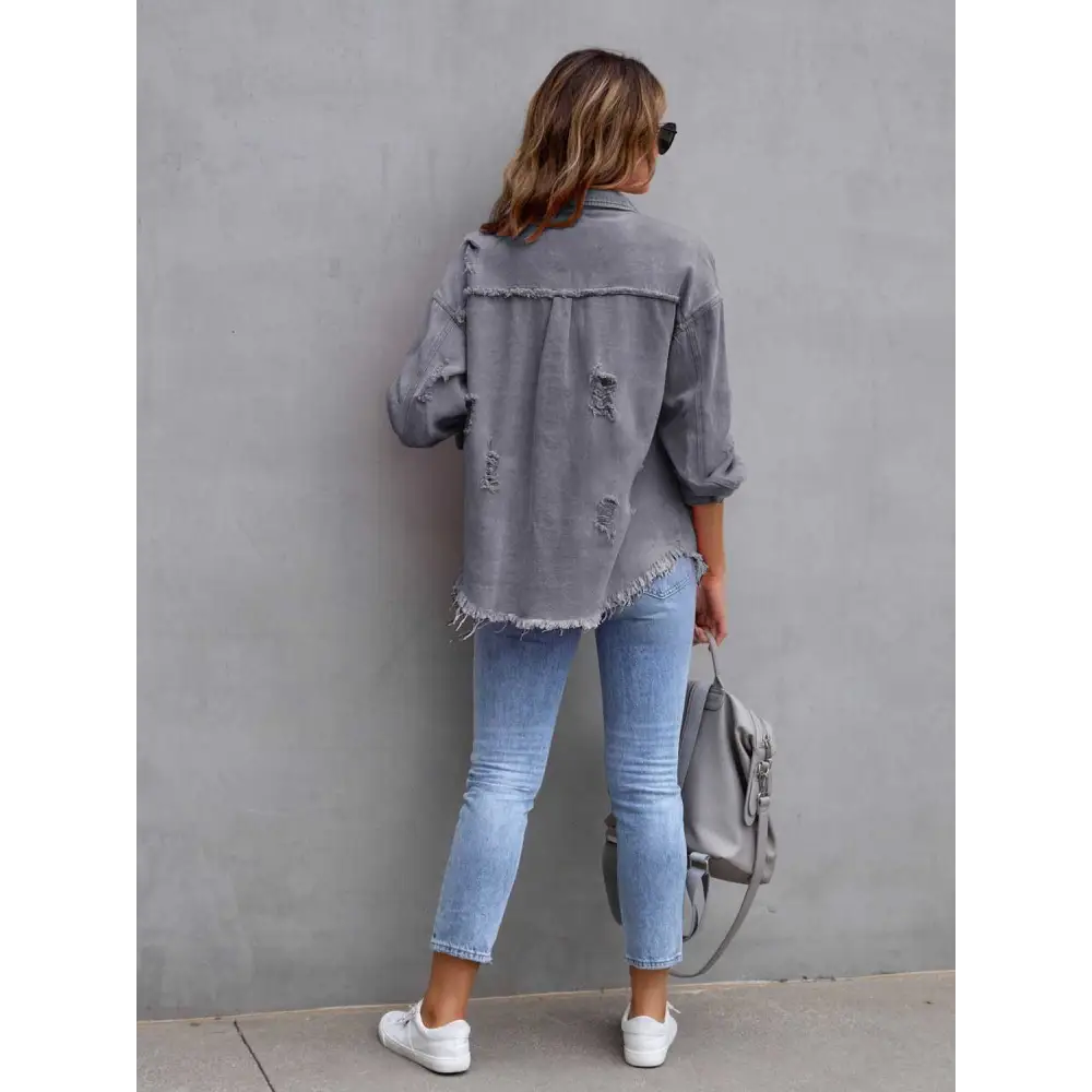 Distressed Drop Shoulder Denim Jacket - Tops