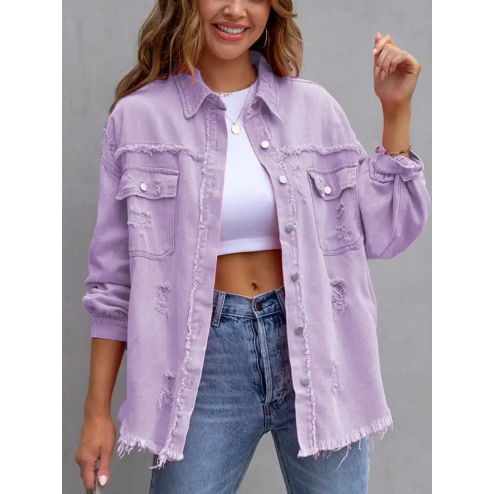 Distressed Drop Shoulder Denim Jacket - Tops