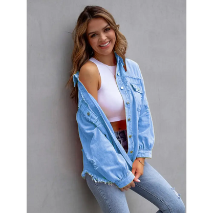 Distressed Drop Shoulder Denim Jacket - Tops