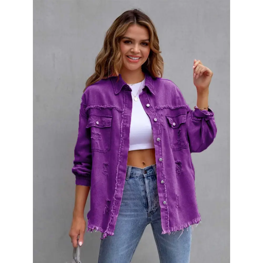 Distressed Drop Shoulder Denim Jacket - Violet / S - Tops