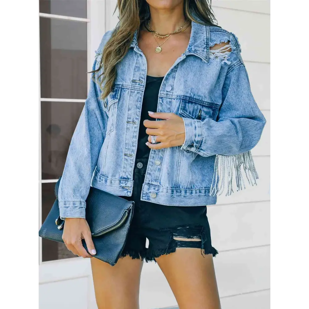 Distressed Fringe Denim Jacket - Misty Blue / S - Tops