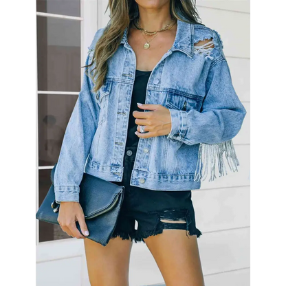 Distressed Fringe Denim Jacket - Misty Blue / S - Tops