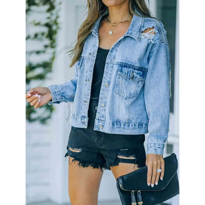 Distressed Fringe Denim Jacket - Tops