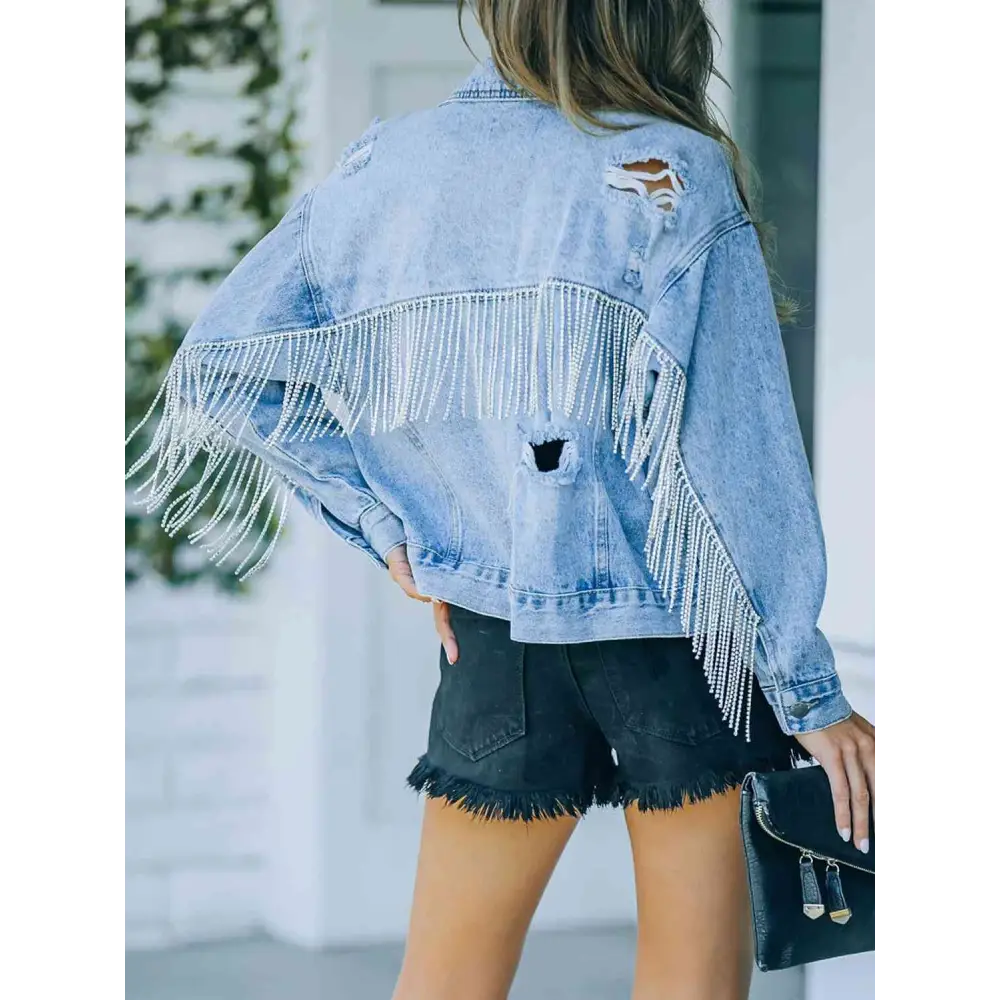 Distressed Fringe Denim Jacket - Tops