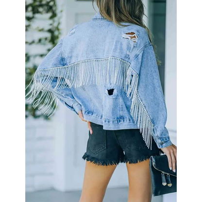 Distressed Fringe Denim Jacket - Tops