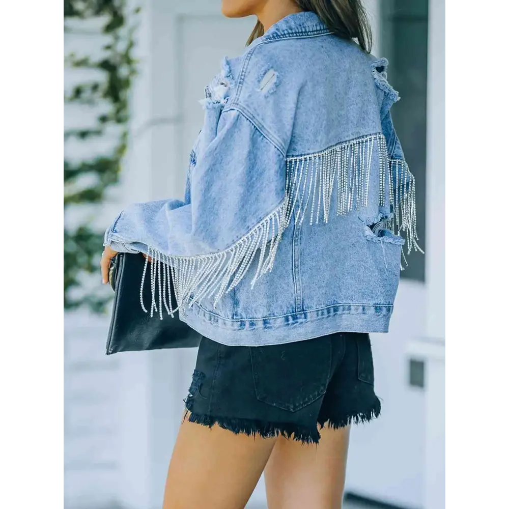 Distressed Fringe Denim Jacket - Tops