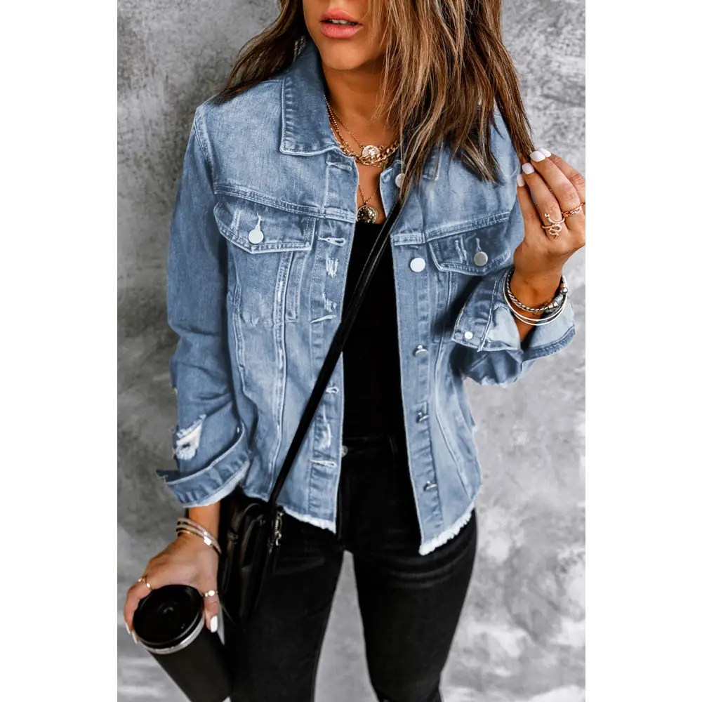 Distressed Raw Hem Denim Jacket - Madi Gray Boutique