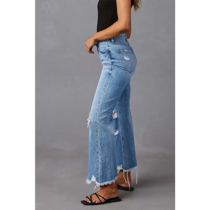 Distressed Raw Hem Jeans with Pocket - Bottoms