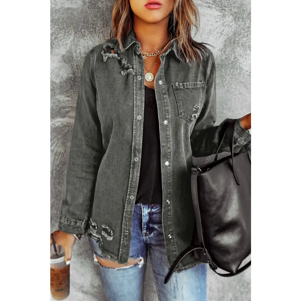 Distressed Raw Hem Snap Down Denim Jacket - Charcoal / S - Tops