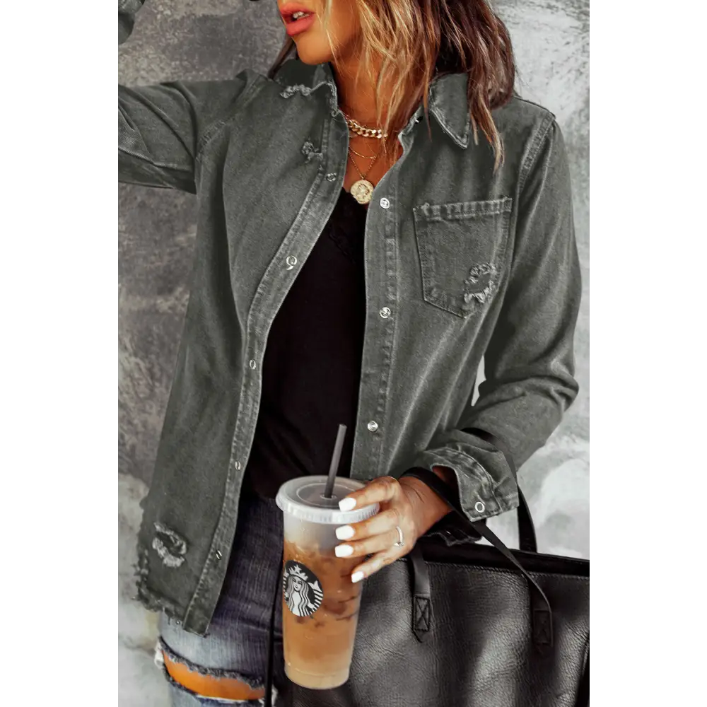 Distressed Raw Hem Snap Down Denim Jacket - Tops