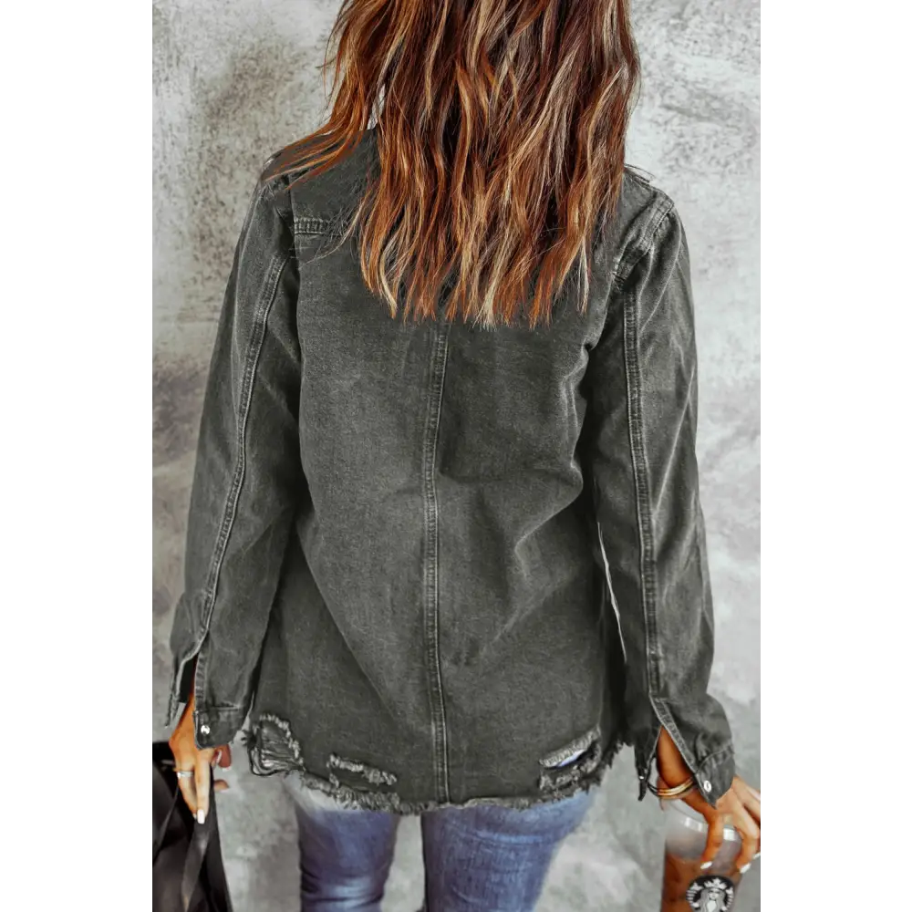 Distressed Raw Hem Snap Down Denim Jacket - Tops