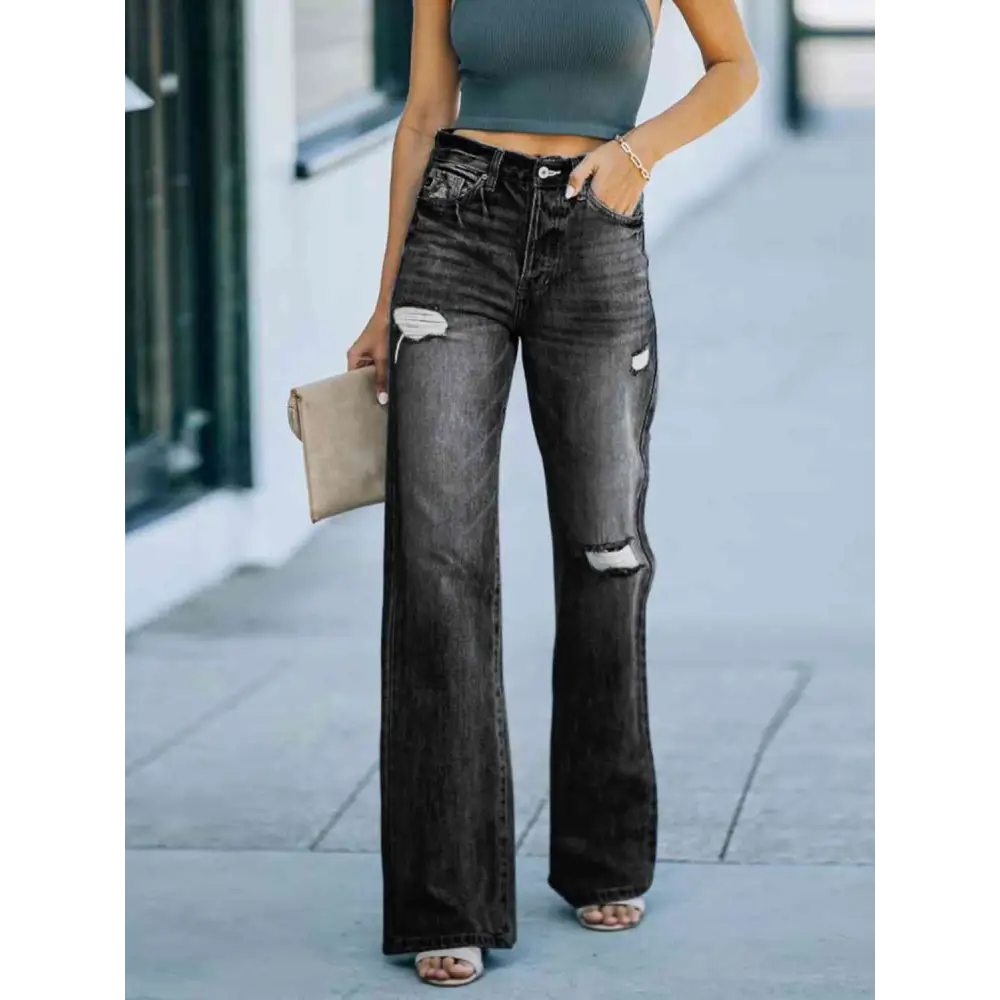 Distressed Straight Leg Jeans - Bottoms