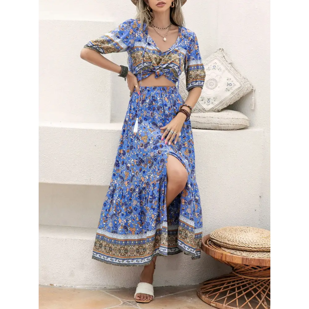 Ditsy Floral Tie Neck Top and Slit Skirt Set - Ultra marine / S