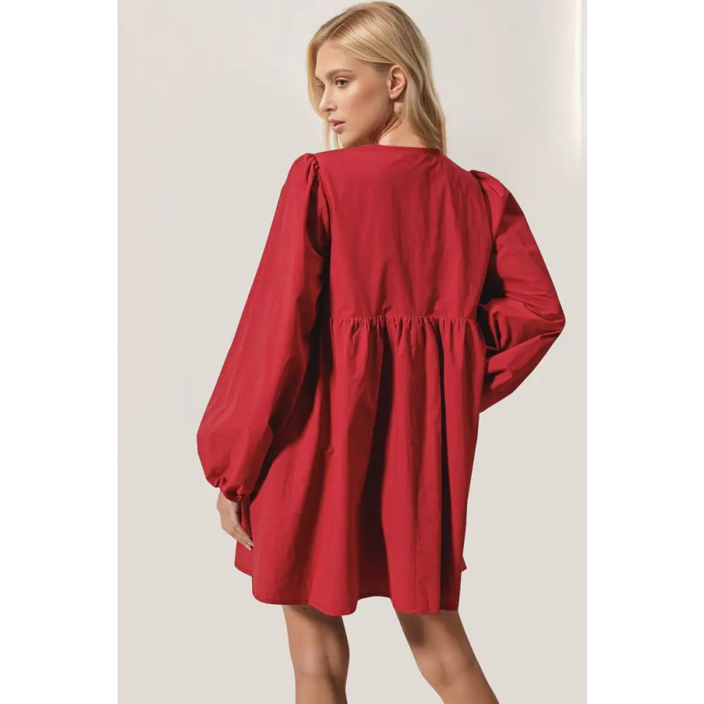 Double Take Christmas Front Tied Long Sleeve Mini Dress - Dress