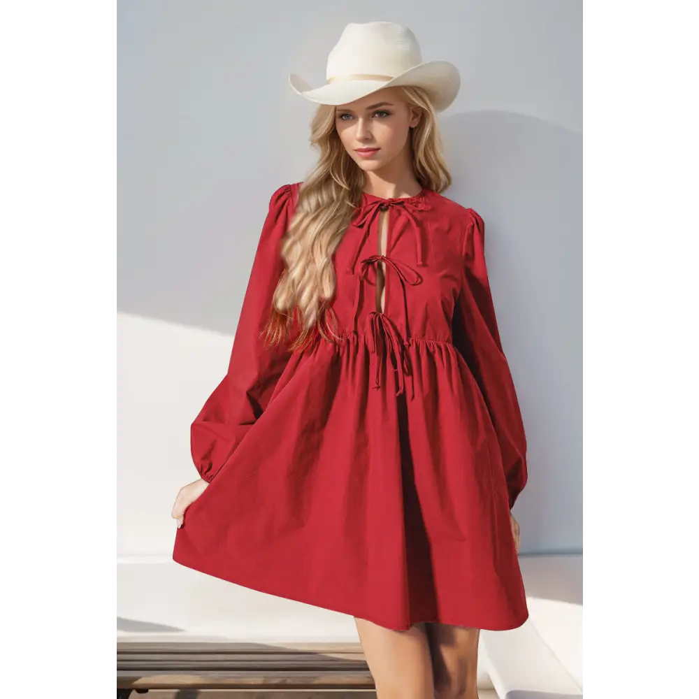 Double Take Christmas Front Tied Long Sleeve Mini Dress - Red / S - Dress