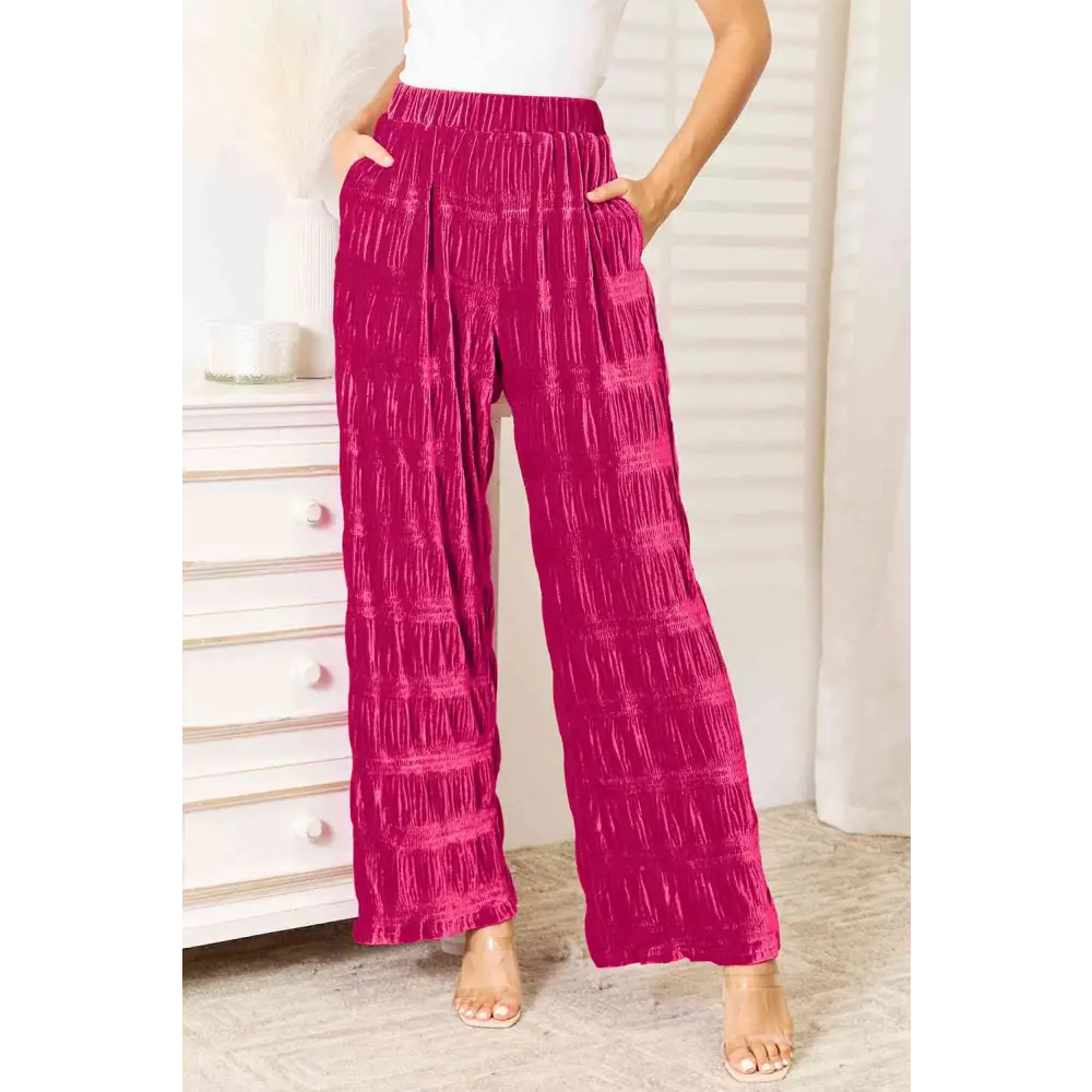 Double Take Full Size High Waist Tiered Shirring Velvet Wide Leg Pants - Madi Gray Boutique