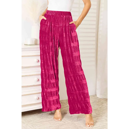 Double Take Full Size High Waist Tiered Shirring Velvet Wide Leg Pants - Madi Gray Boutique